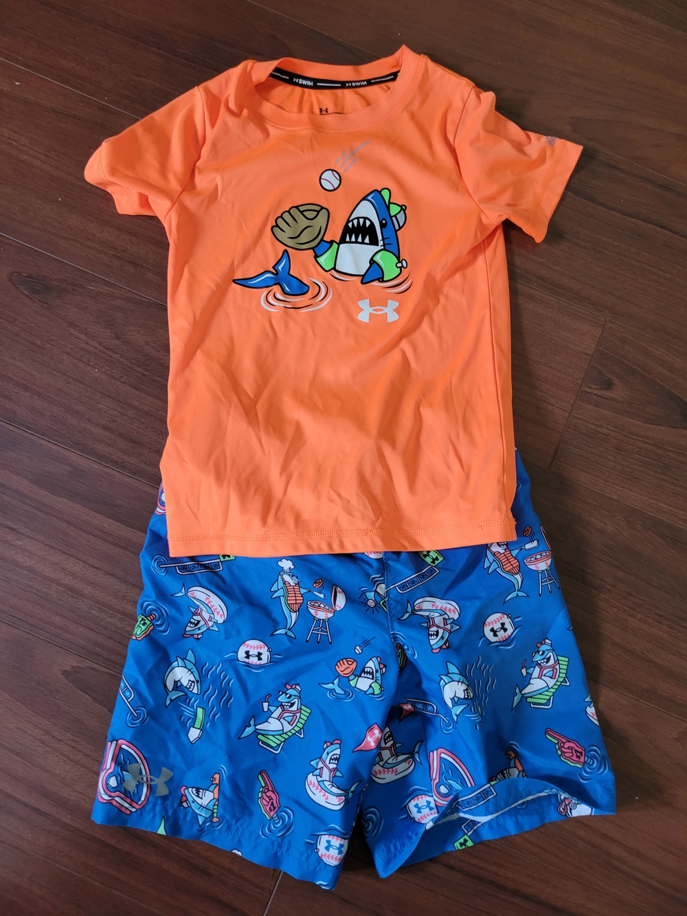 Under Armour Orange Shark Swim Set with Blue Printed Shorts